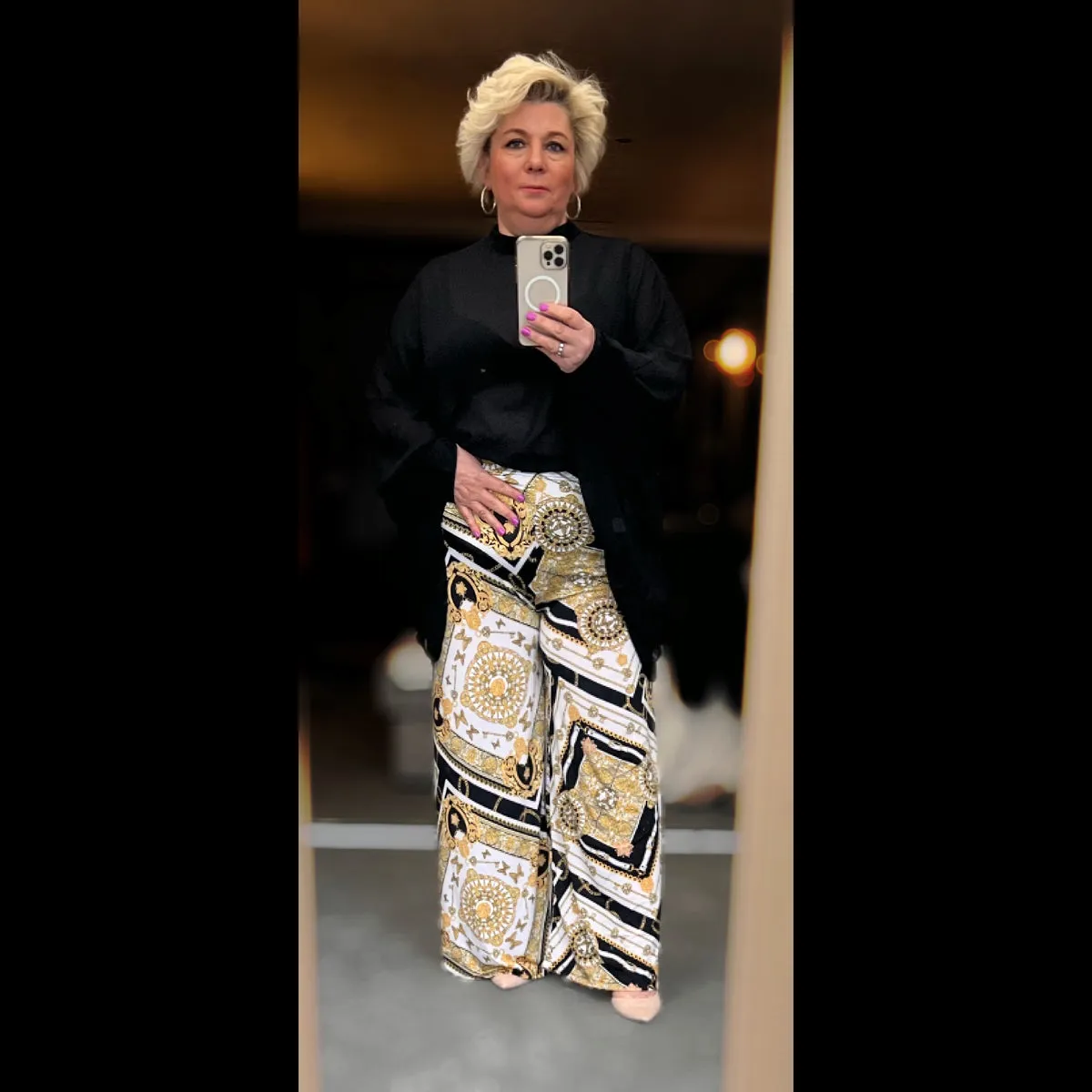 WHITE GOLD COMPASS PRINT PALAZZO TROUSERS
