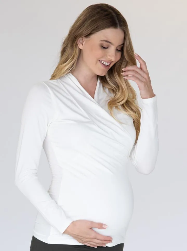 White Maternity V-Neck Crossover Bamboo Long Sleeve Top