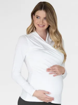 White Maternity V-Neck Crossover Bamboo Long Sleeve Top