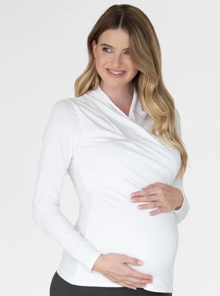 White Maternity V-Neck Crossover Bamboo Long Sleeve Top
