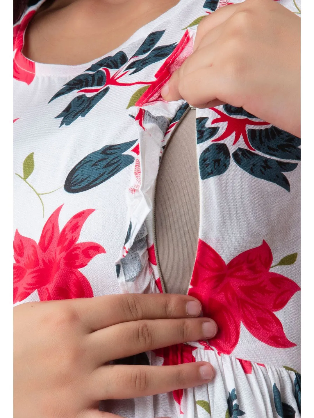 White Rayon Floral Feeding Maternity Kurta