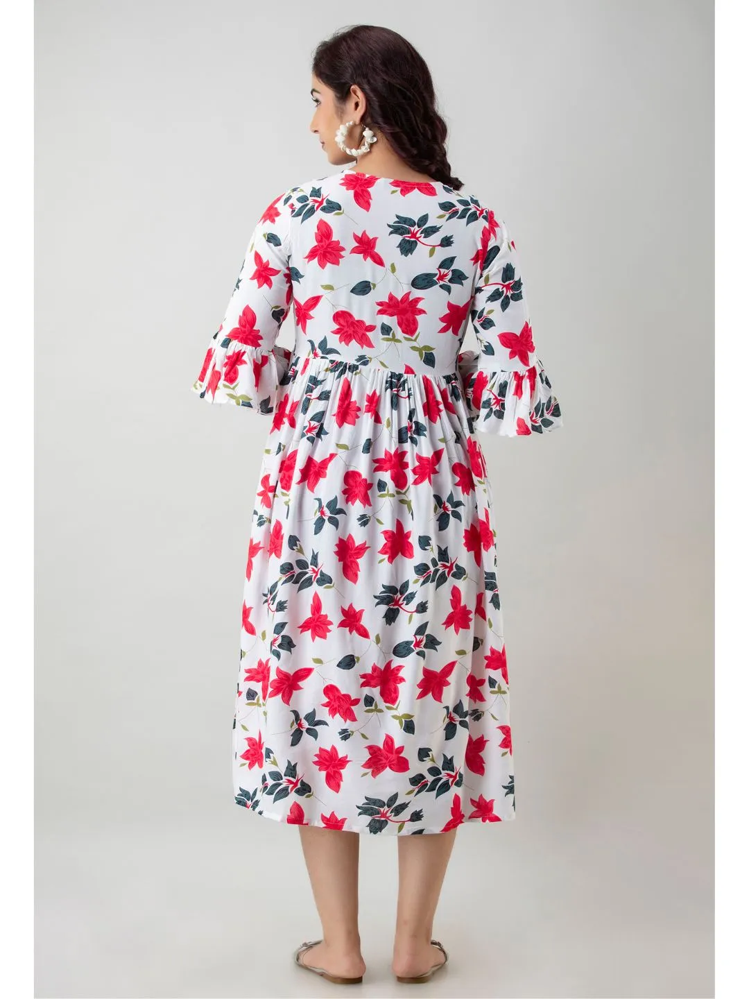 White Rayon Floral Feeding Maternity Kurta