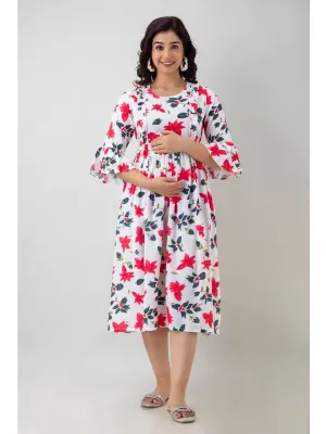 White Rayon Floral Feeding Maternity Kurta