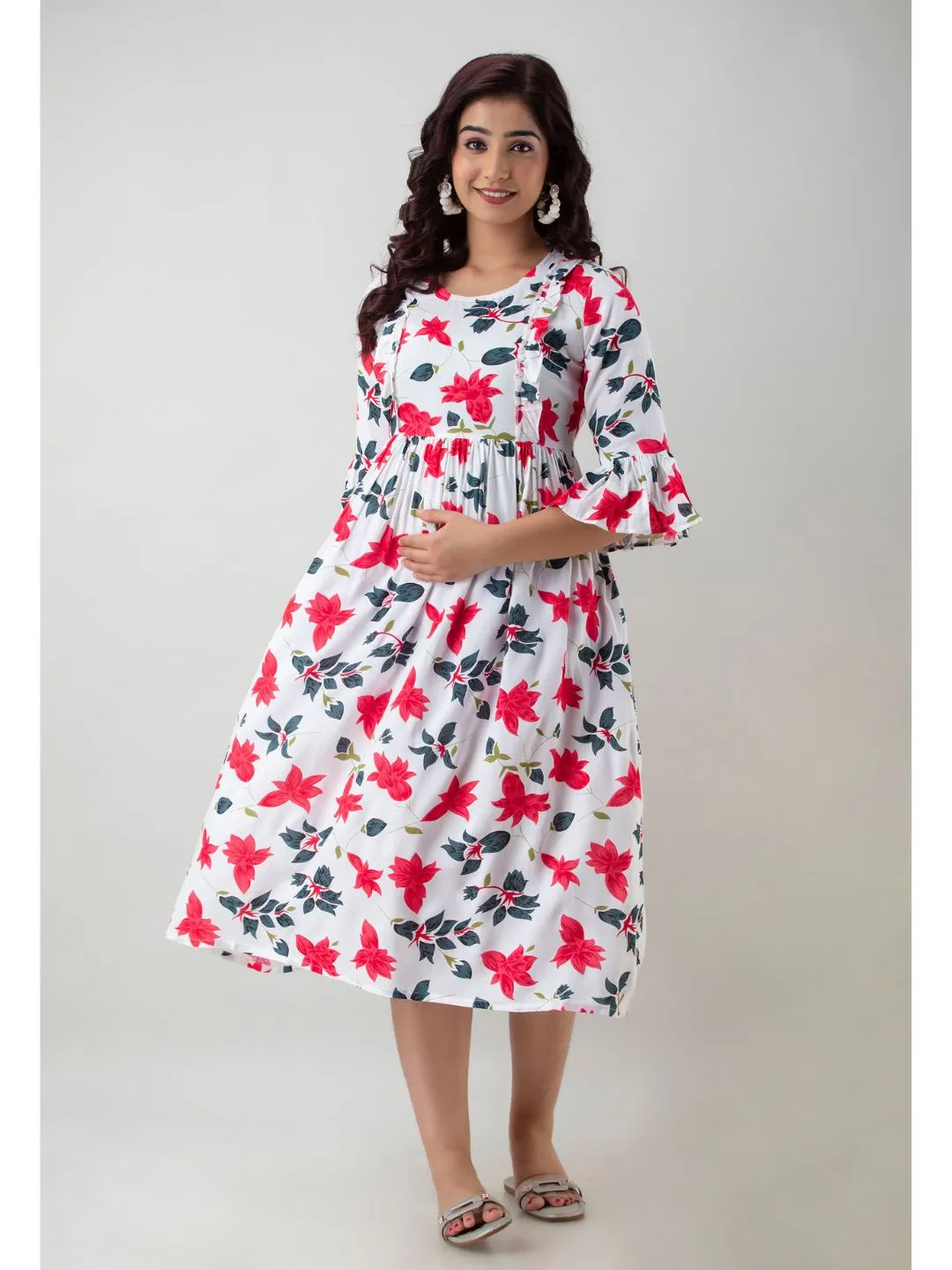 White Rayon Floral Feeding Maternity Kurta