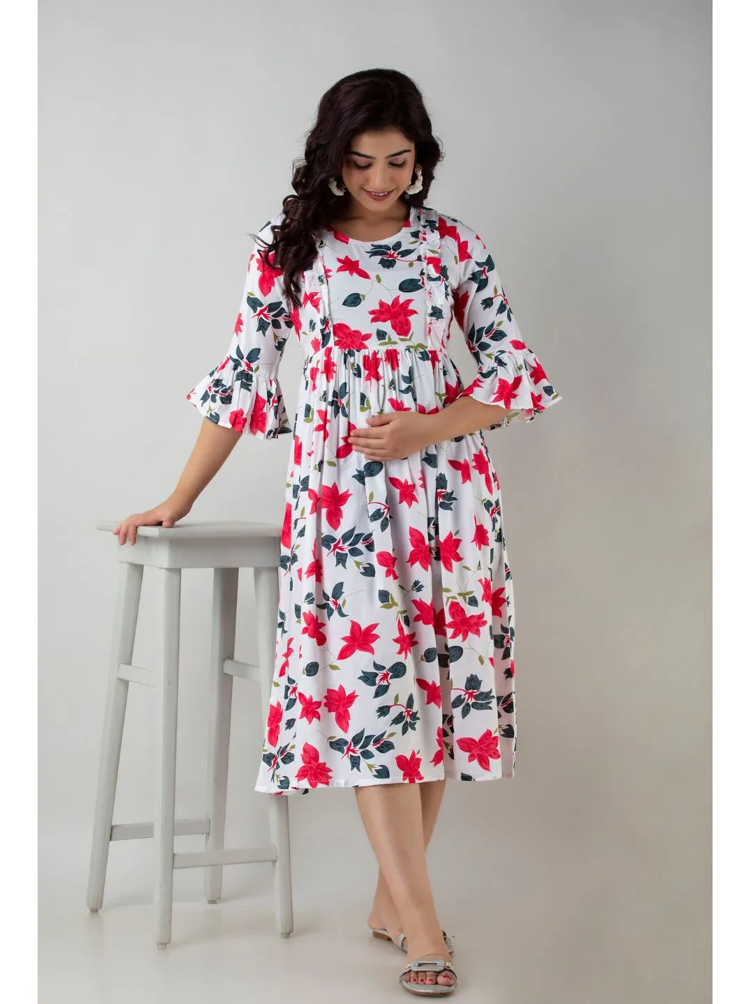White Rayon Floral Feeding Maternity Kurta