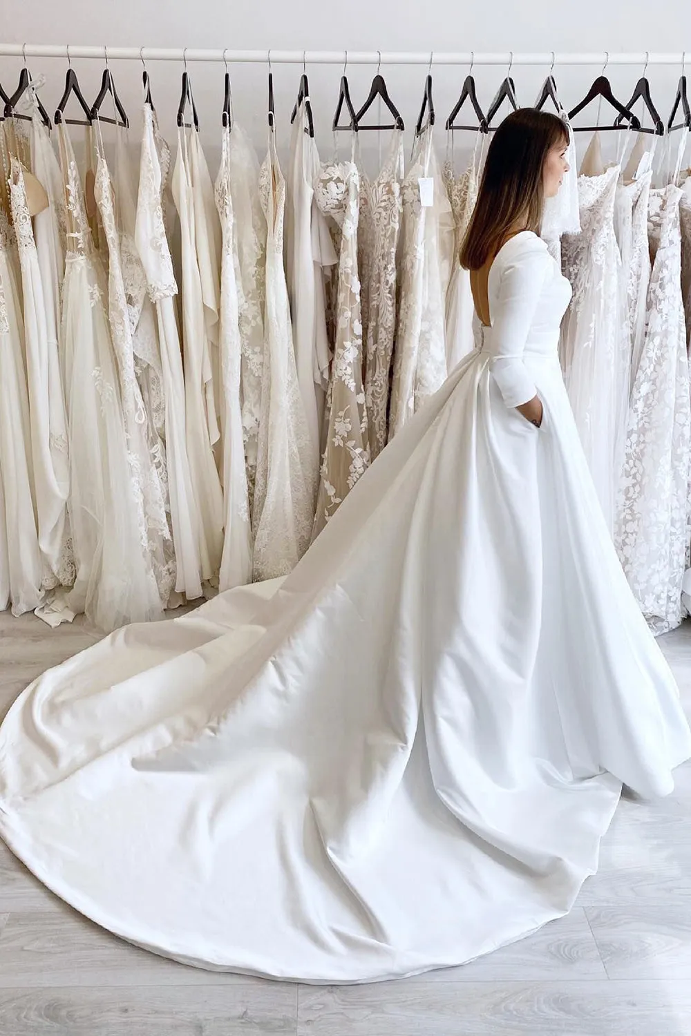 White Vintage A-Line Long Satin Bateau-Neck Wedding Dress