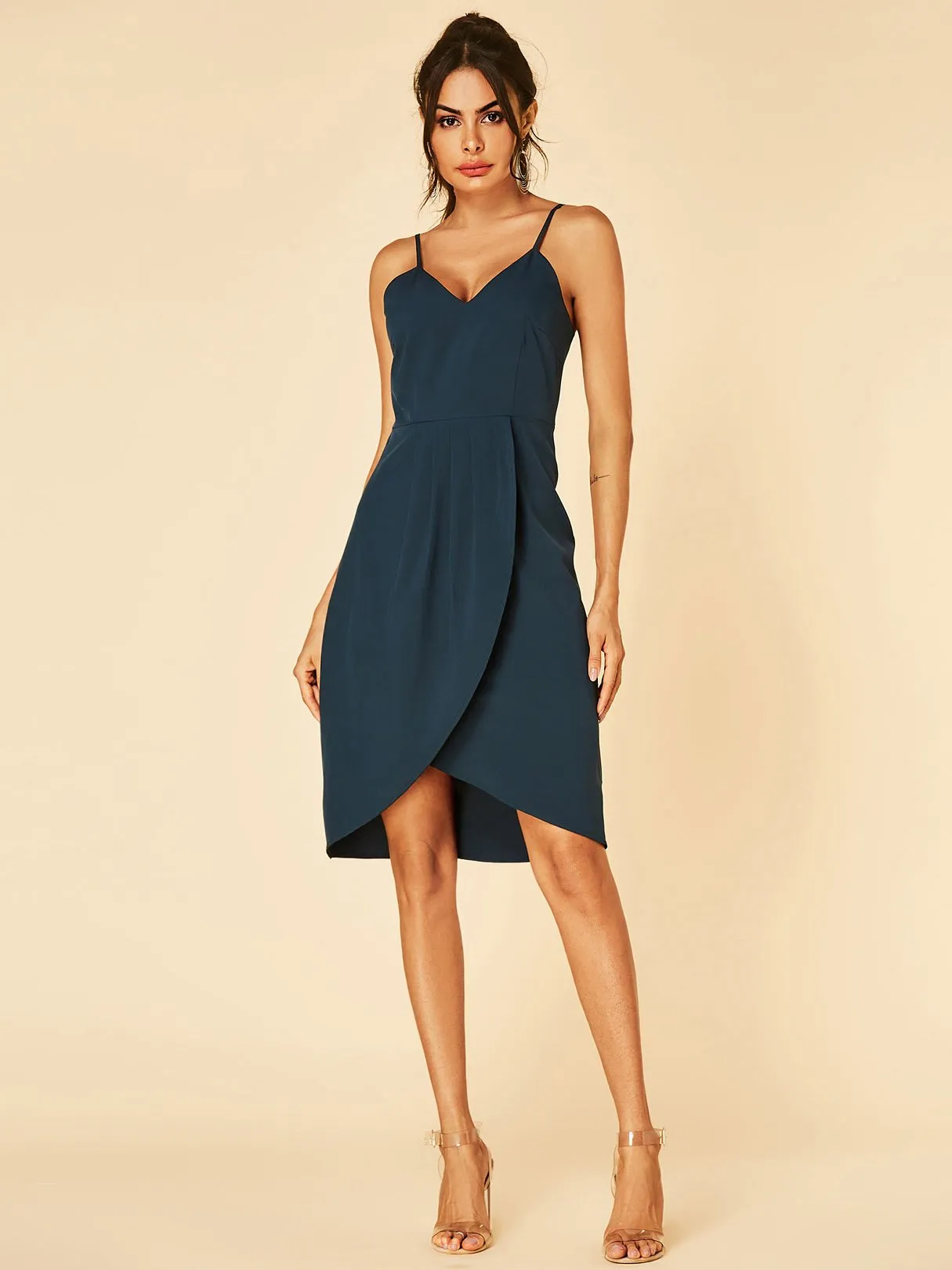 Wholesale Navy V-Neck Sleeveless Tiered Spaghetti Strap High-Low Hem Dresses
