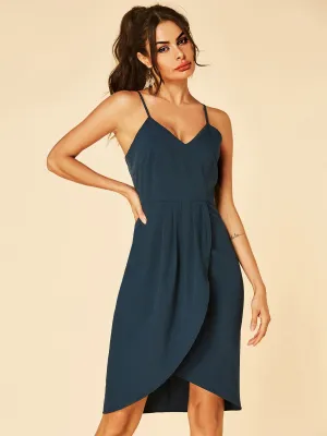 Wholesale Navy V-Neck Sleeveless Tiered Spaghetti Strap High-Low Hem Dresses