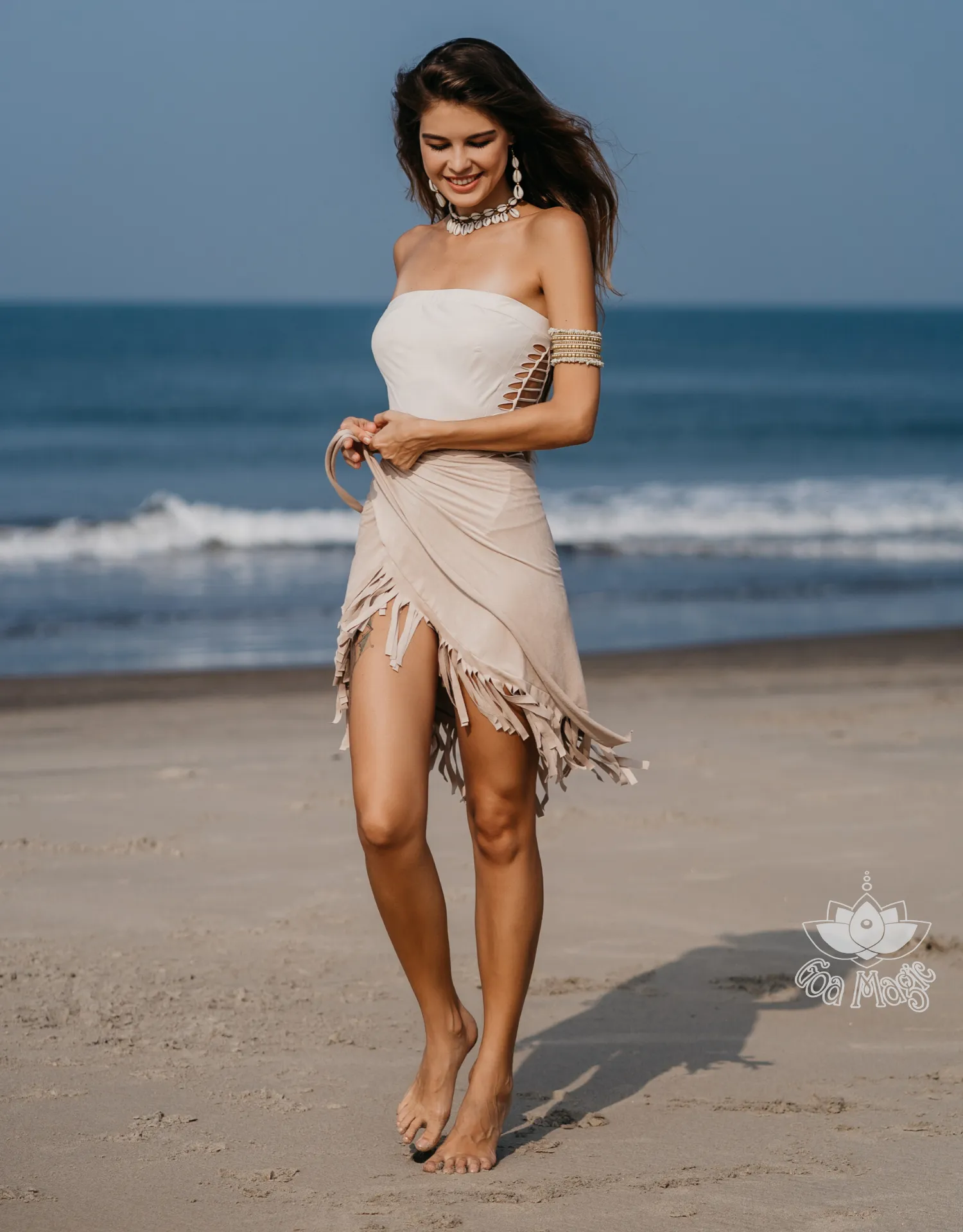 Wholesale - Suede Light Beige Wrap Swimwear Skirt Decorated with Fringe / Cover up