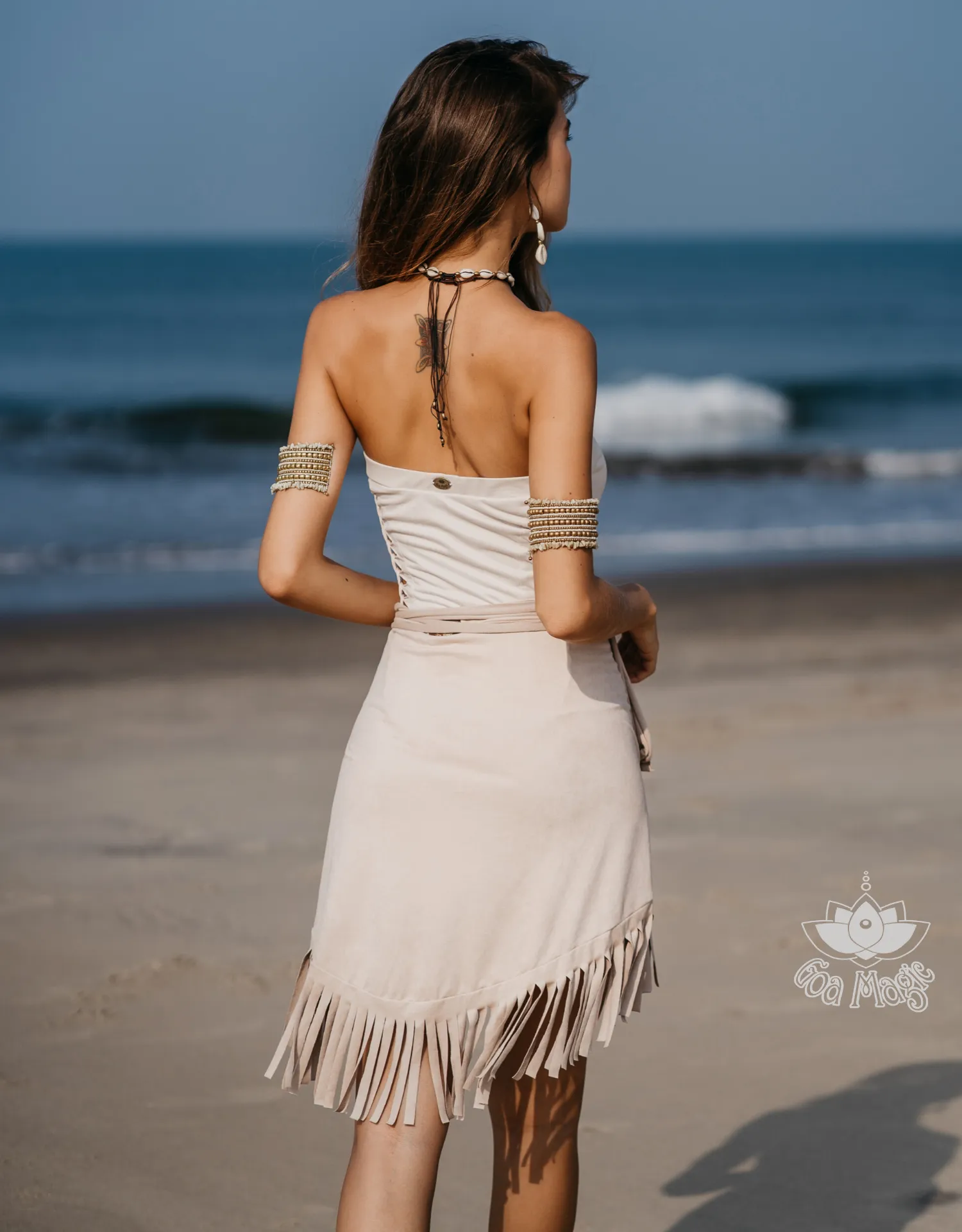 Wholesale - Suede Light Beige Wrap Swimwear Skirt Decorated with Fringe / Cover up