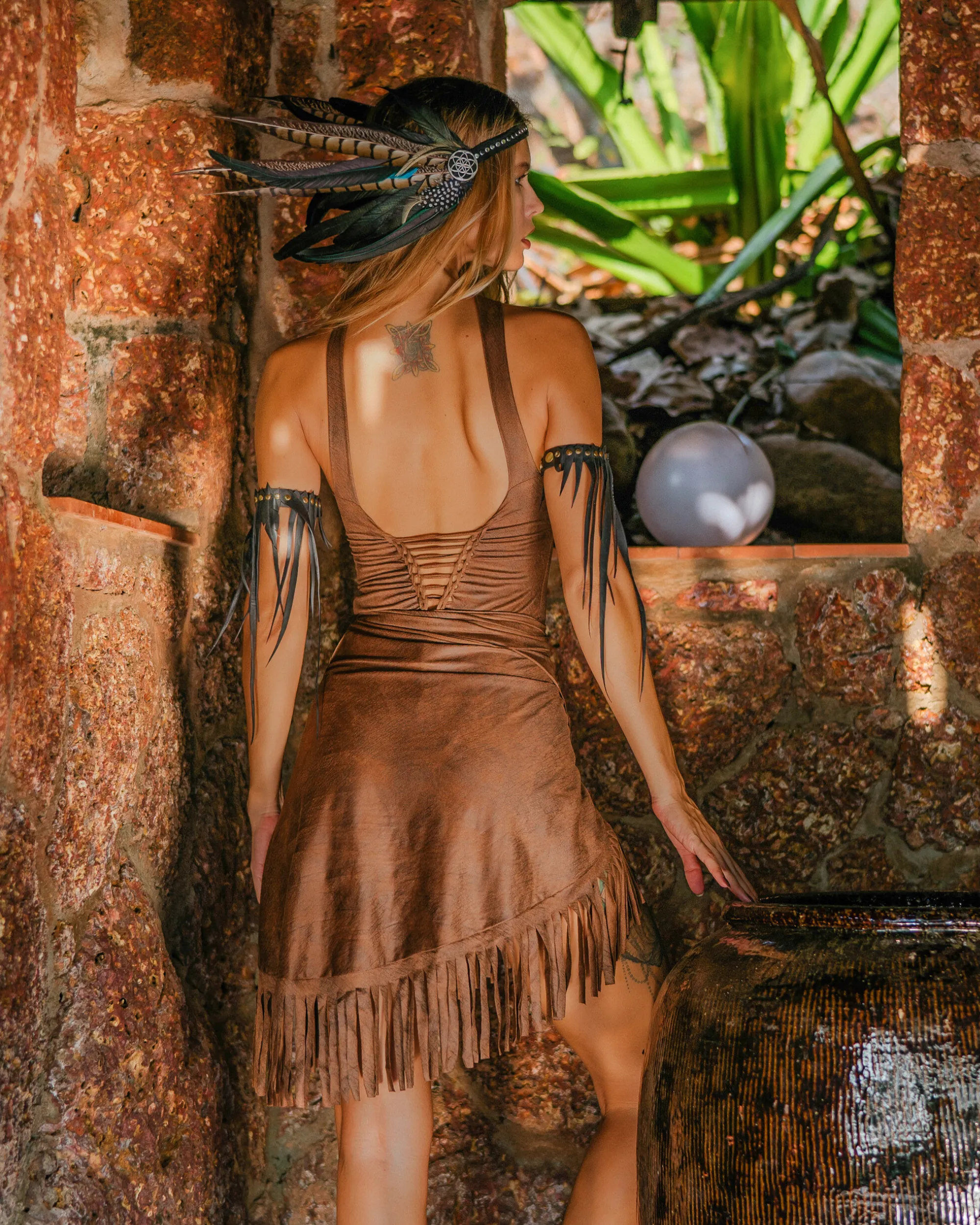 Wholesale - Suede Shabby Brown Wrap Swimwear Skirt Decorated with Fringe / Cover up