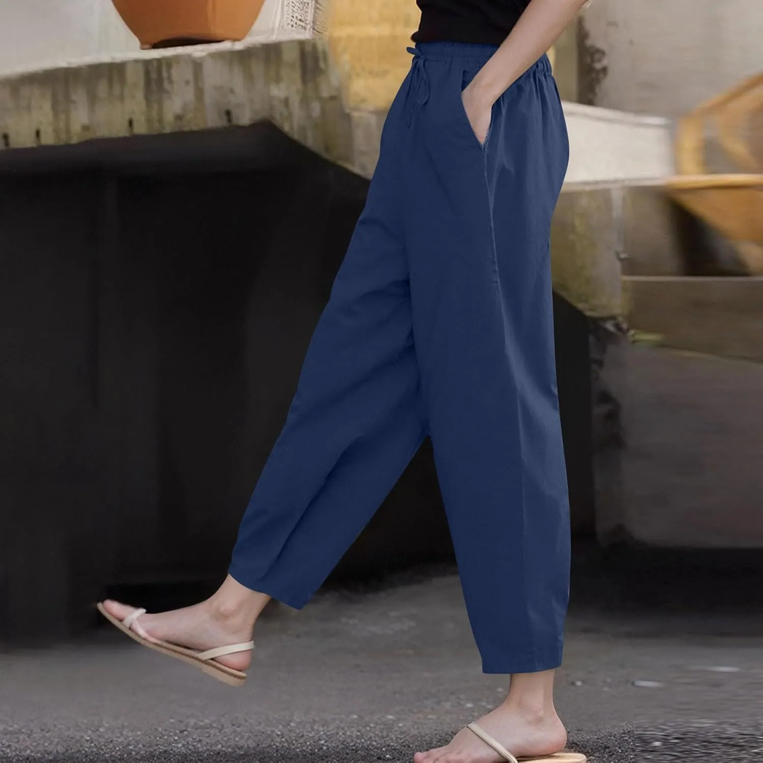 Wide Leg Linen Pants Women Baggy Lounge High Waist Summer Pants Casual Comfy Boho Beach Cotton Trousers with Pockets