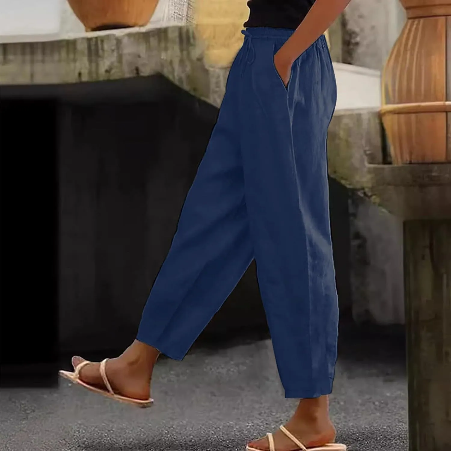 Wide Leg Linen Pants Women Baggy Lounge High Waist Summer Pants Casual Comfy Boho Beach Cotton Trousers with Pockets