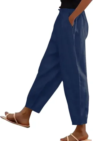 Wide Leg Linen Pants Women Baggy Lounge High Waist Summer Pants Casual Comfy Boho Beach Cotton Trousers with Pockets