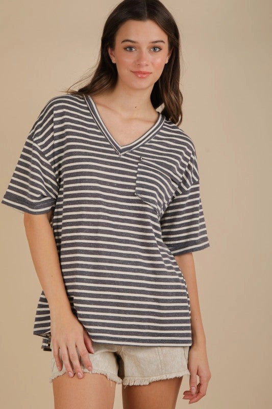 Willow Oversized Stripe Casual V-neck Knit Top Soft Cotton Blend