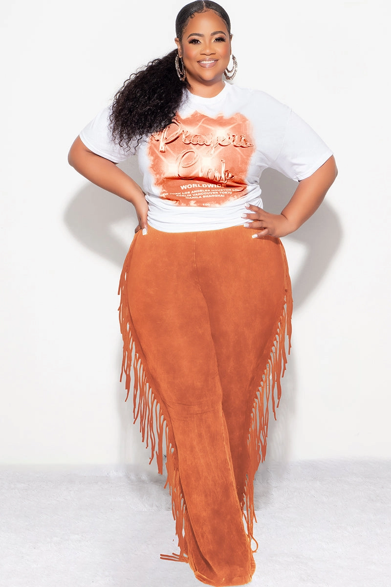 NonIrritatingSeams Flexible Material Final Sale Plus Size High Waist Fringe Trim Pants in Rust Mineral Wash Print Jersey