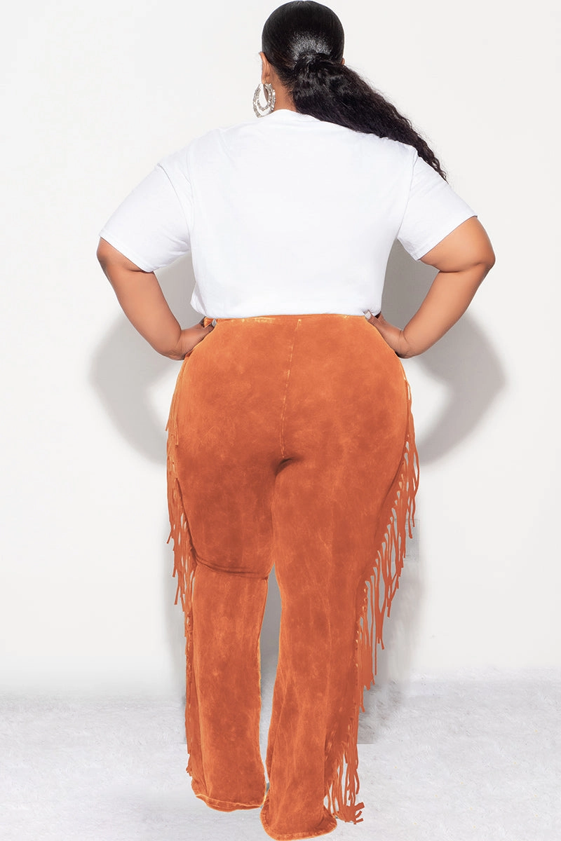 Street Comfort Lightweight Layer Final Sale Plus Size High Waist Fringe Trim Pants in Rust Mineral Wash Print Jersey
