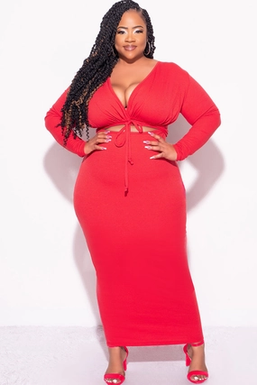 Final Sale Plus Size Long Sleeve Ribbed BodyCon with Front Cutout in Red MultiPocketDesign LightweightComfort