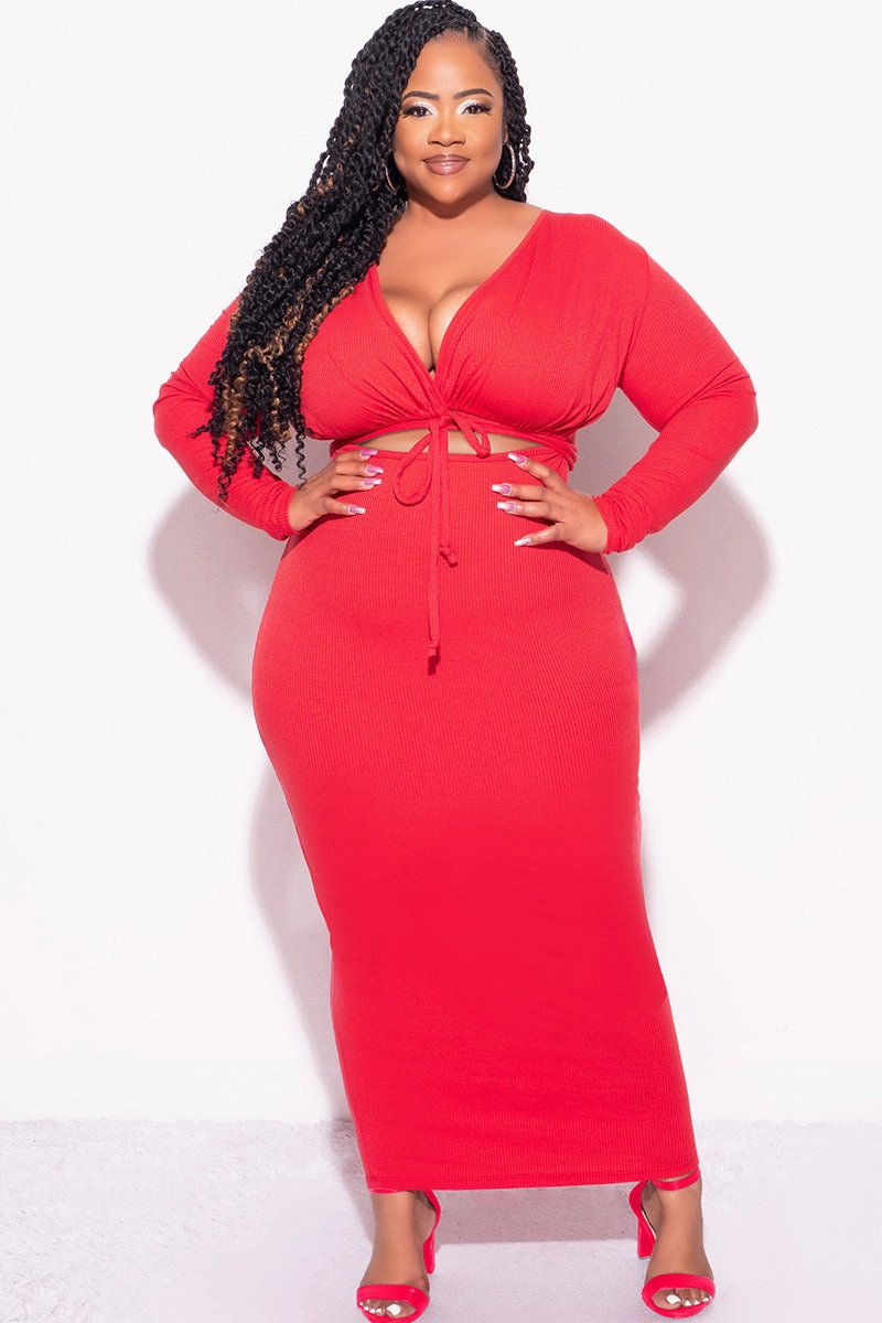 Final Sale Plus Size Long Sleeve Ribbed BodyCon with Front Cutout in Red MultiPocketDesign LightweightComfort