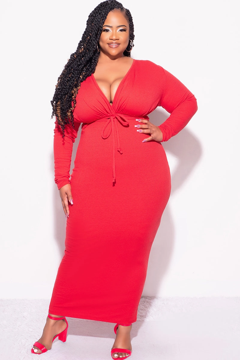 Final Sale Plus Size Long Sleeve Ribbed BodyCon with Front Cutout in Red Convertible legs Sport Performance