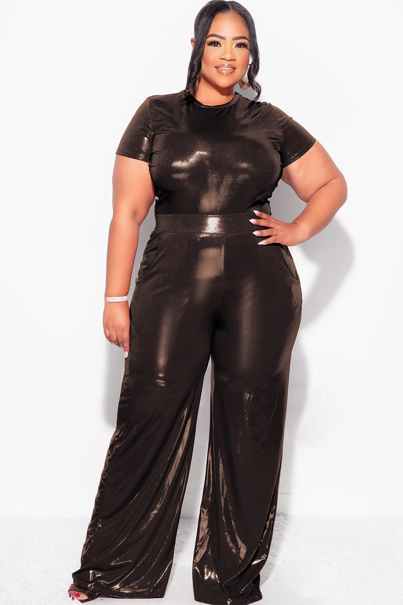 Relax Mode Final Sale Plus Size 2pc Crop Top & Palazzo Pant Set in Bronze