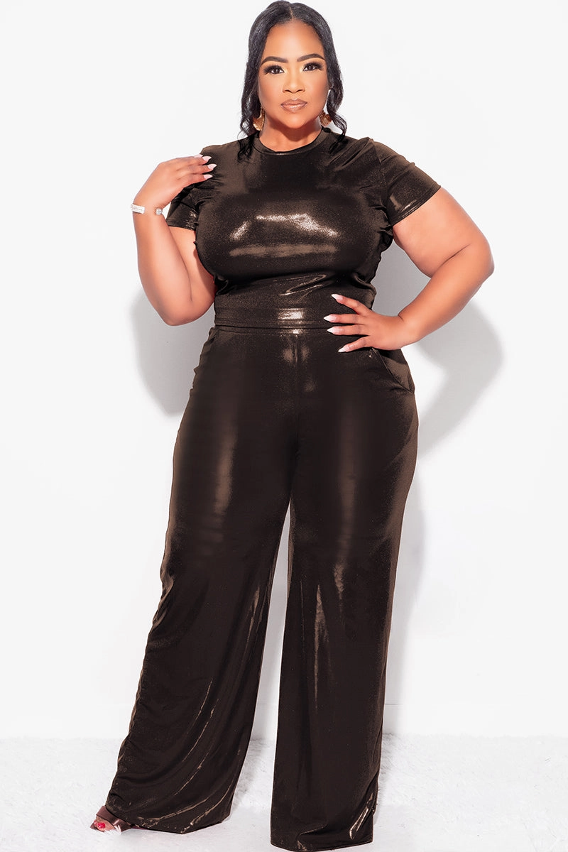 Timeless Layers Soft Design Final Sale Plus Size 2pc Crop Top & Palazzo Pant Set in Bronze