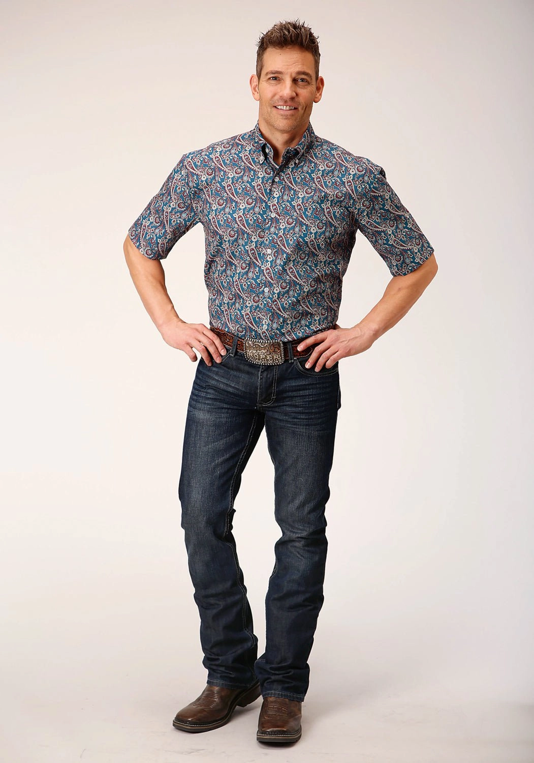 Relaxed Style Roper Mens Independence Foulard Blue 100% Cotton S/S Shirt