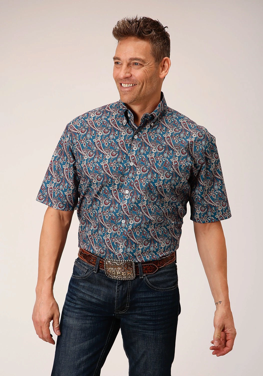 Functional Comfort Refined Aesthetic Roper Mens Independence Foulard Blue 100% Cotton S/S Shirt