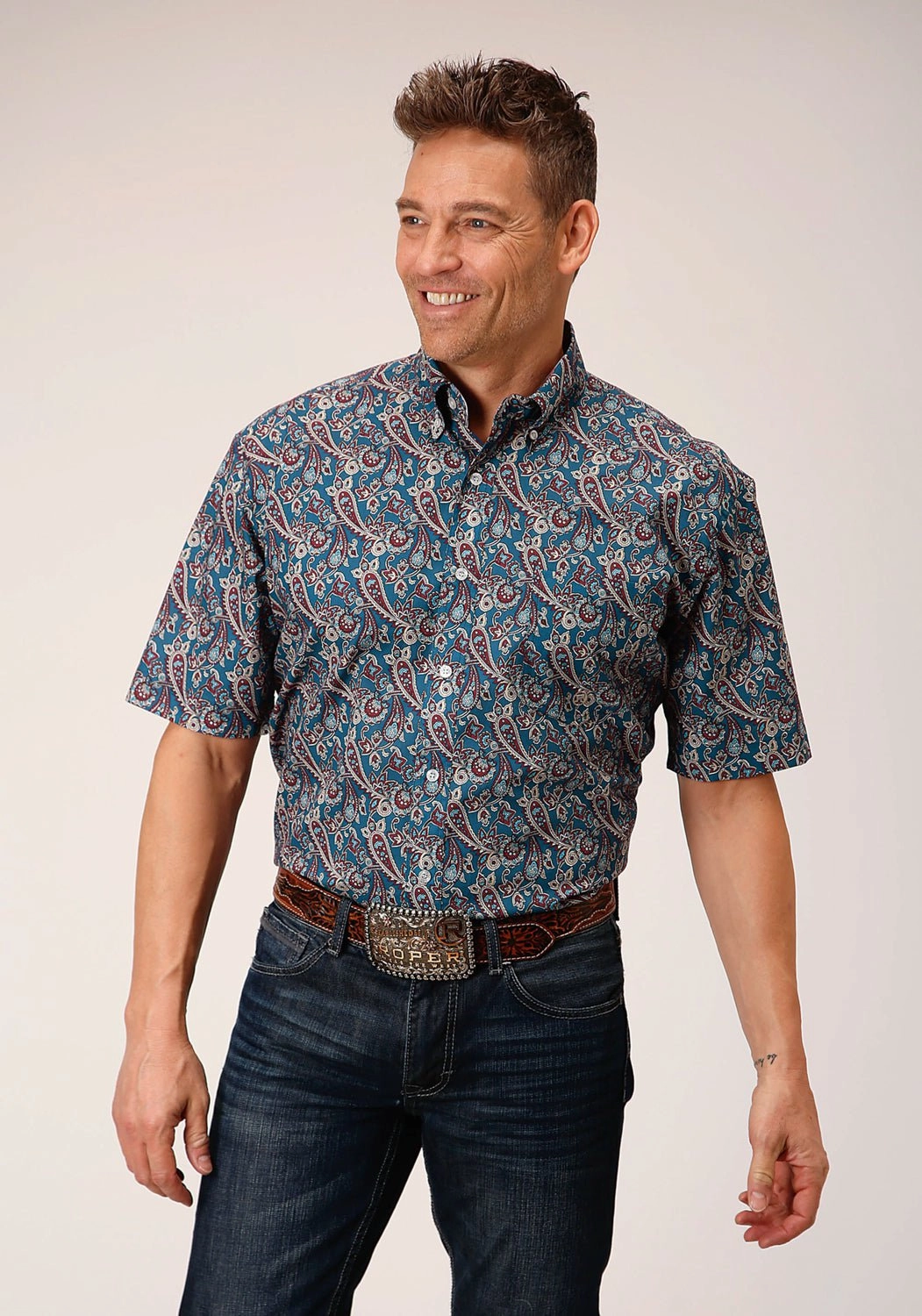 Minimalist Look Bold Print Roper Mens Independence Foulard Blue 100% Cotton S/S Shirt