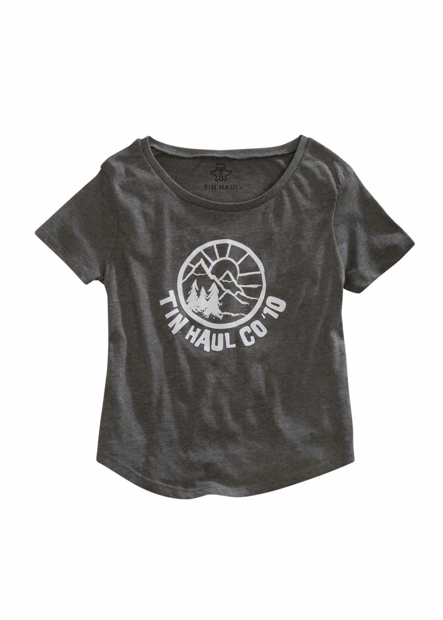 Ruffle Edge Tin Haul Womens Circle Mountain Scene Grey 100% Cotton S/S T-Shirt