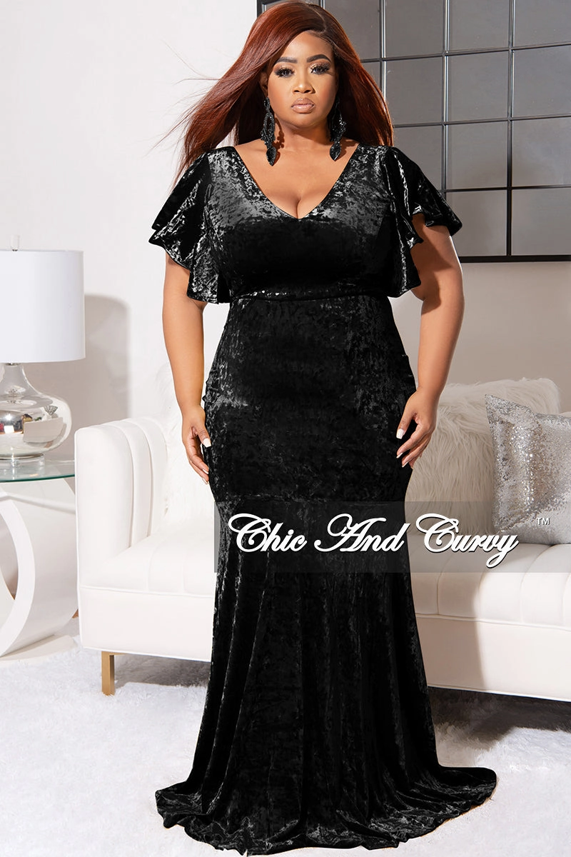 Body Aligned Final Sale Plus Size Faux Wrap Sleeves Gown Velvet in Black