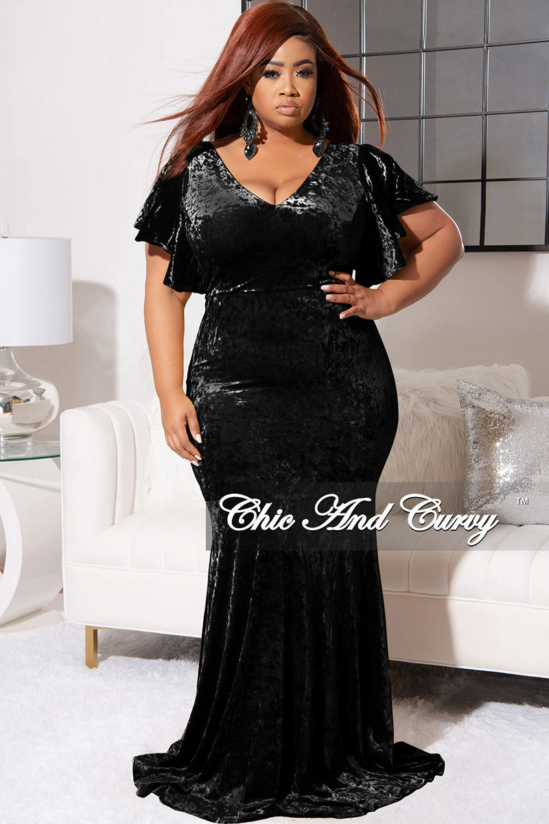Non Binding Waist QuickReleaseBuckle Final Sale Plus Size Faux Wrap Sleeves Gown Velvet in Black