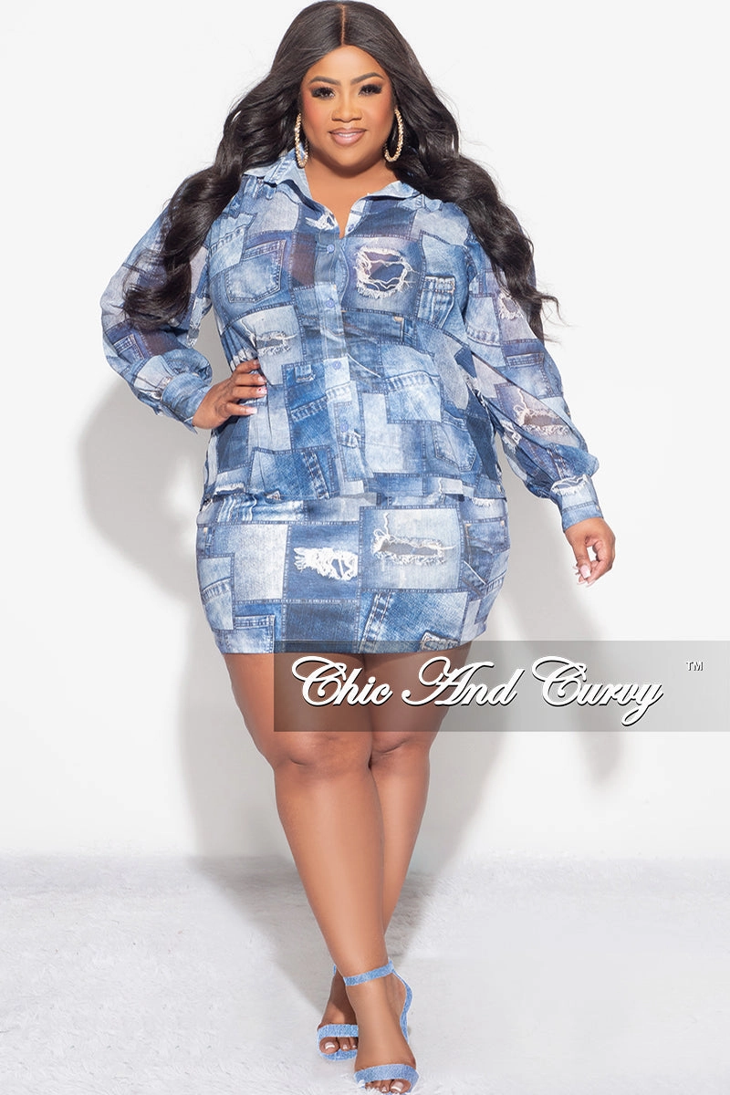 Layering Essential Performance Gear Final Sale Plus Size 2pc Chiffon Collar Button Up Top And Skirt Set in Denim Print
