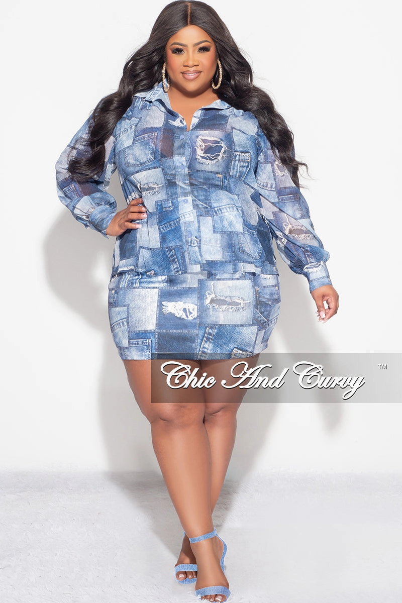 Stretchable Waist OdorResistant Final Sale Plus Size 2pc Chiffon Collar Button Up Top And Skirt Set in Denim Print