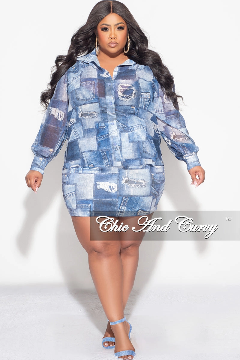 Smooth Finish Final Sale Plus Size 2pc Chiffon Collar Button Up Top And Skirt Set in Denim Print
