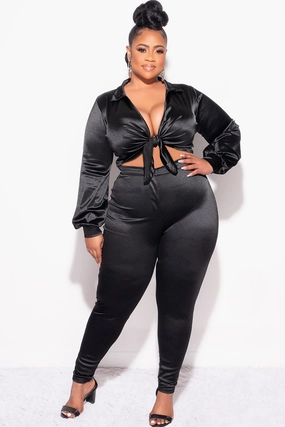 Final Sale Plus Size 2pc Shiny Satin Collared Crop Tie Top and Pants Set in Black FlexibleMobility Easy Comfort