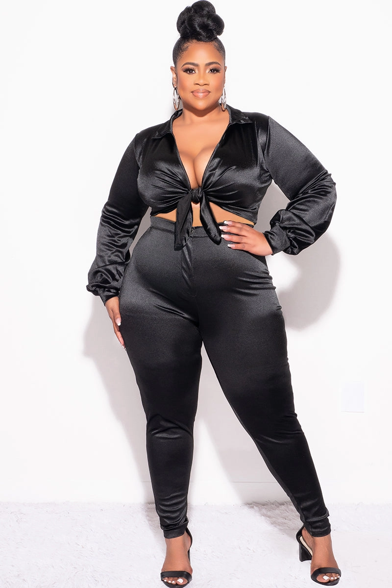Padded hips Final Sale Plus Size 2pc Shiny Satin Collared Crop Tie Top and Pants Set in Black