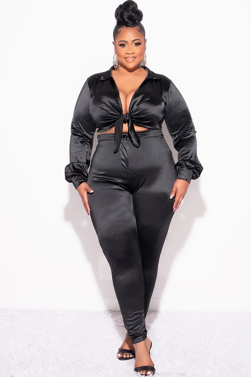Stylish Comfort Final Sale Plus Size 2pc Shiny Satin Collared Crop Tie Top and Pants Set in Black