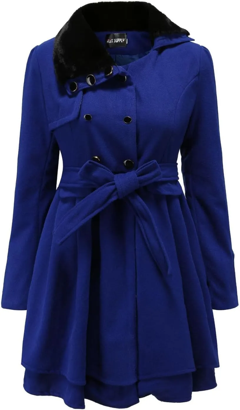 Winter Coats for Women Thick Warm Wool Blend Trench Coat Faux Fur Lapel Double-Breasted Peacoats with Belt