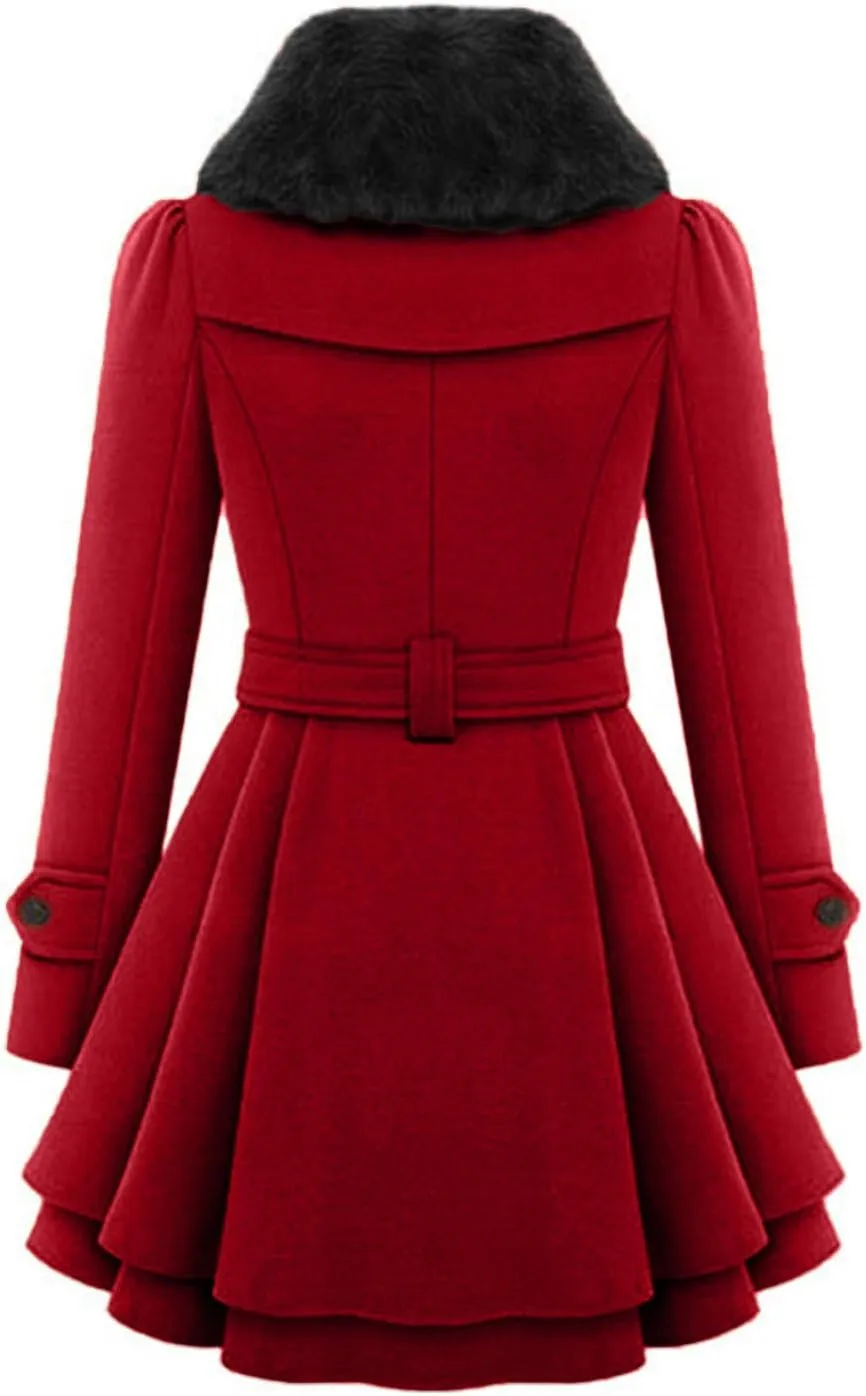 Winter Coats for Women Thick Warm Wool Blend Trench Coat Faux Fur Lapel Double-Breasted Peacoats with Belt