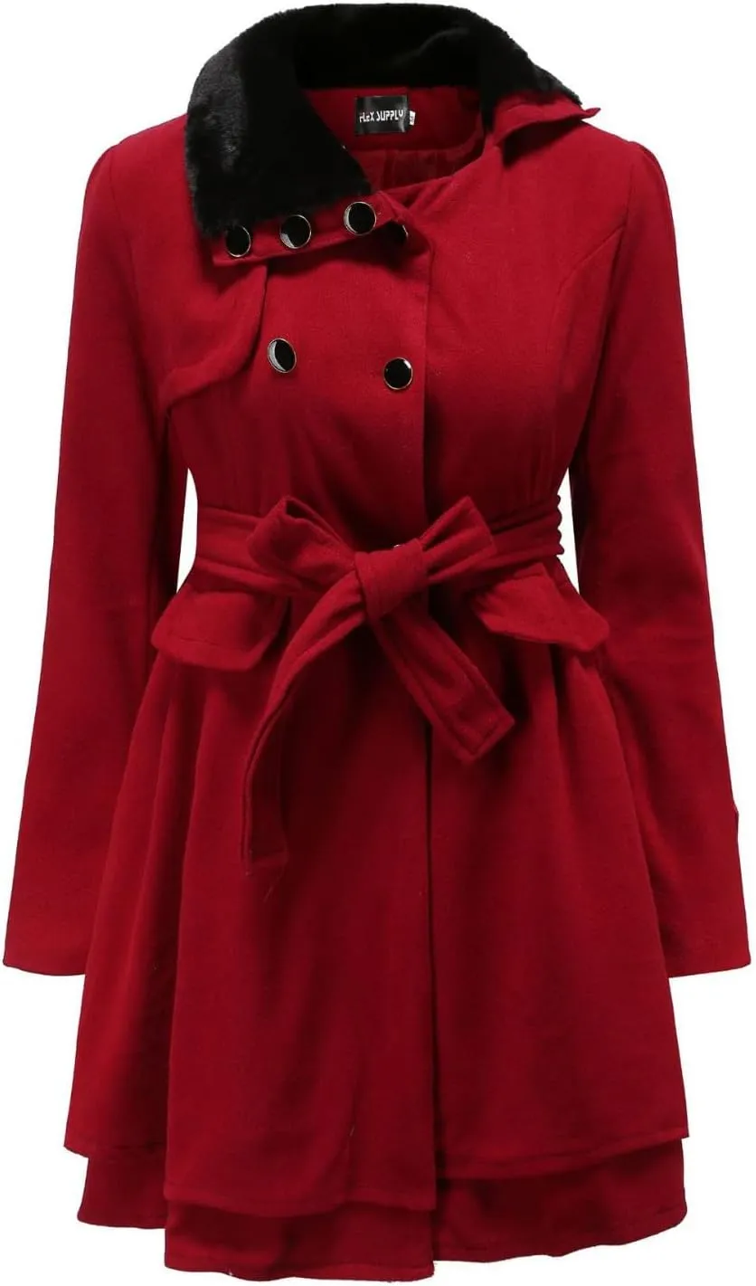 Winter Coats for Women Thick Warm Wool Blend Trench Coat Faux Fur Lapel Double-Breasted Peacoats with Belt