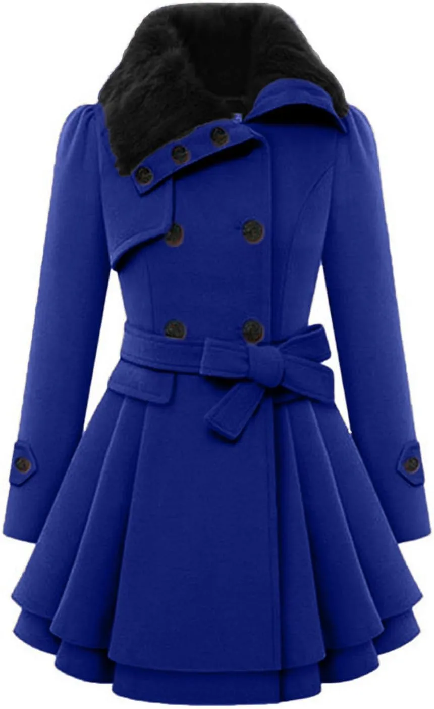 Winter Coats for Women Thick Warm Wool Blend Trench Coat Faux Fur Lapel Double-Breasted Peacoats with Belt