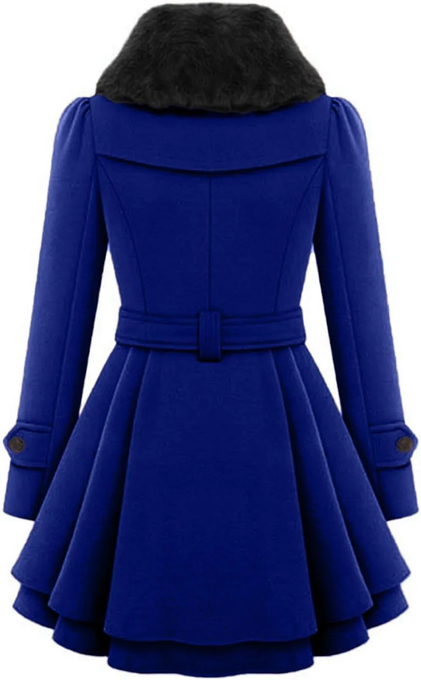 Winter Coats for Women Thick Warm Wool Blend Trench Coat Faux Fur Lapel Double-Breasted Peacoats with Belt