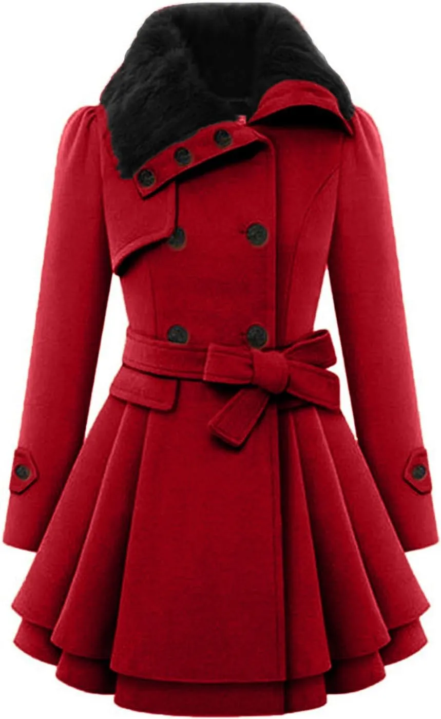 Winter Coats for Women Thick Warm Wool Blend Trench Coat Faux Fur Lapel Double-Breasted Peacoats with Belt