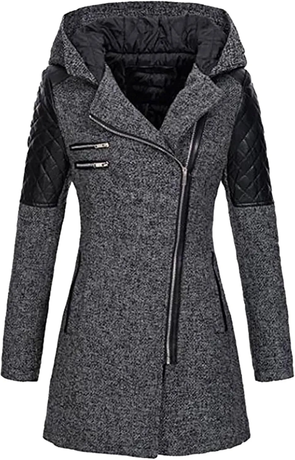 Winter Jackets for Women Wool Blend Patchwork Pea Coats Long Sleeve Zip Up Hooded Fleece Warm Overcoat with Pockets