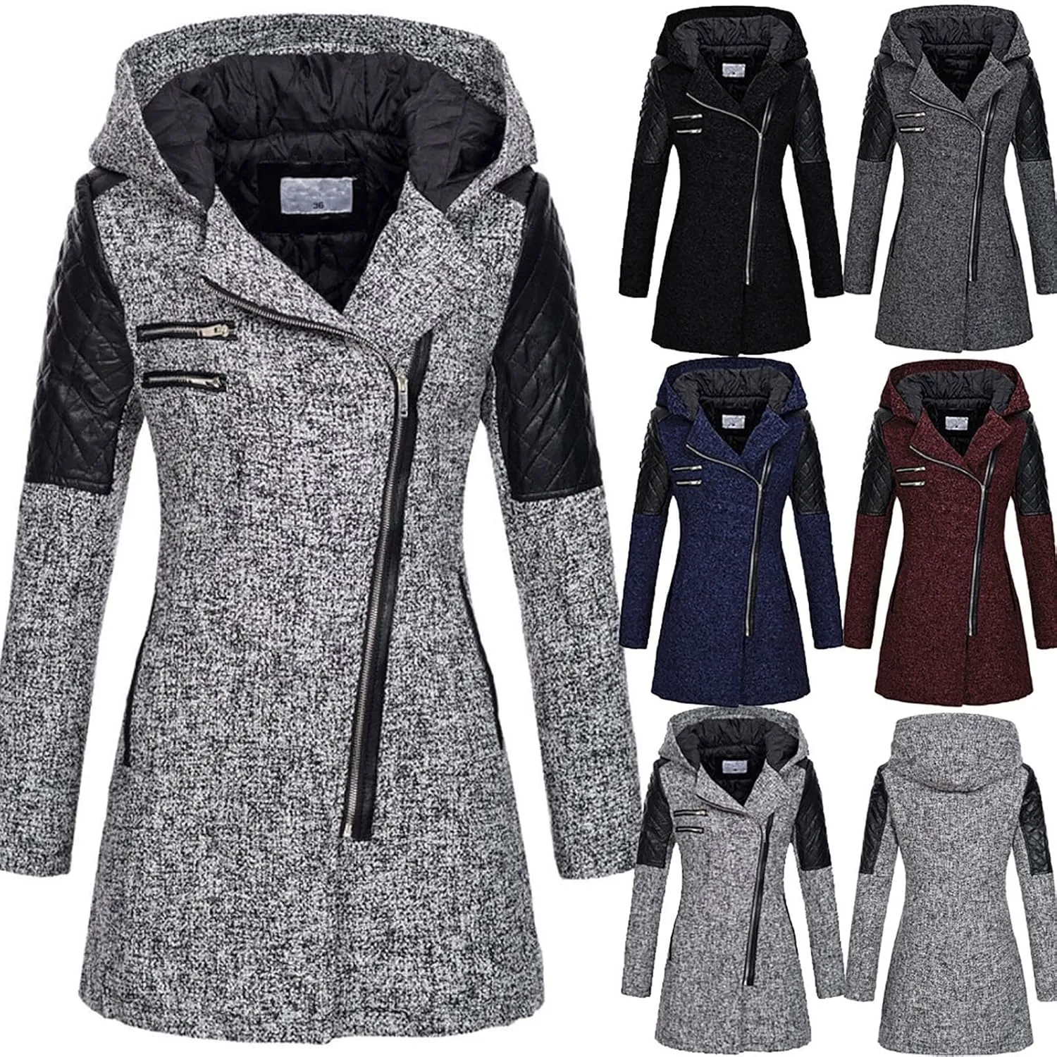 Winter Jackets for Women Wool Blend Patchwork Pea Coats Long Sleeve Zip Up Hooded Fleece Warm Overcoat with Pockets