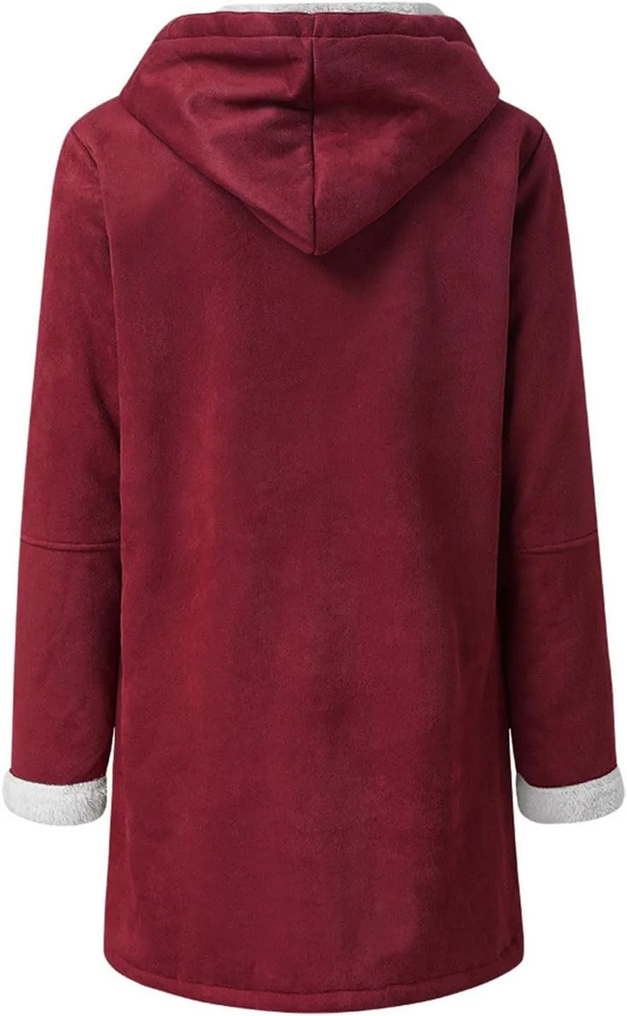 Winter Sherpa Lined Coats for Women Plus Size Button Down Fleece Hooded Jacket Trendy Fuzzy Thermal Thick Outwear