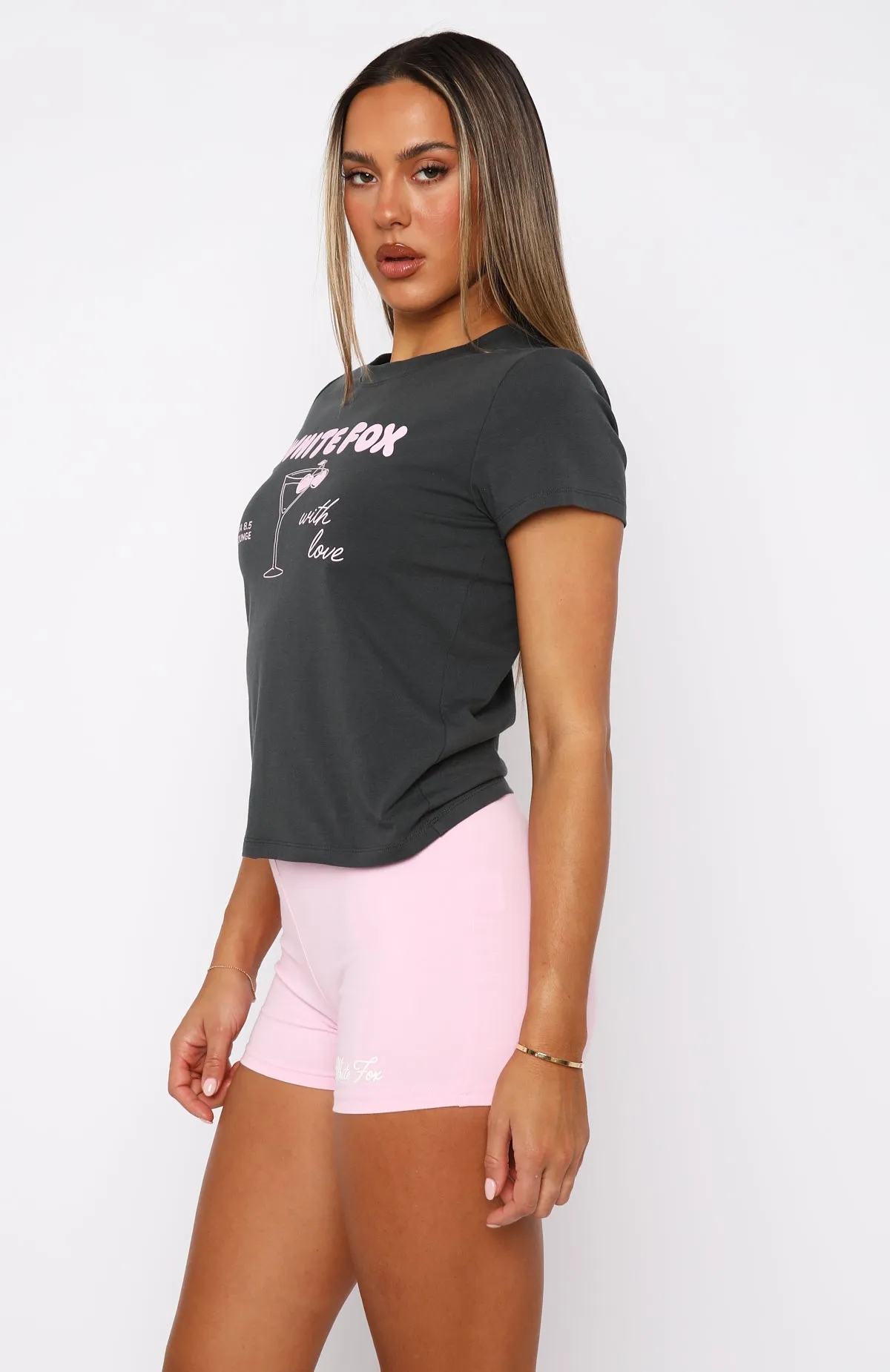 With Love In The Moment Relaxed Baby Tee Charcoal Scoop Neck Shape Bonded Seam Construction