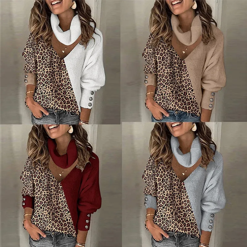 Woman Knitted Leopard Patchwork Long Lantern Sleeve Sweaters