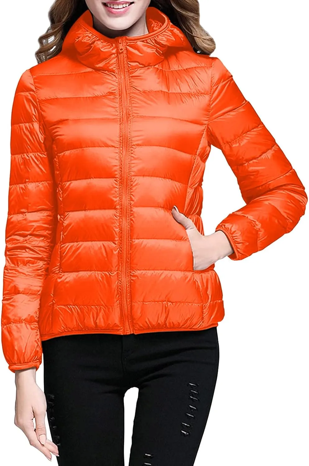 Women 2024 Winter Quilted Puffer Coat Long Sleeve Hooded Waterproof Outwear Lightweight Warm Fit Overcoat Outdoor Suits
